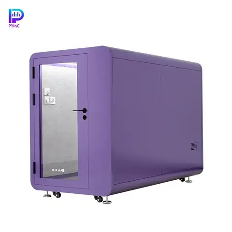 PYinC single soundproof sleep pod in purple, featuring front glass panel and left-opening door.
