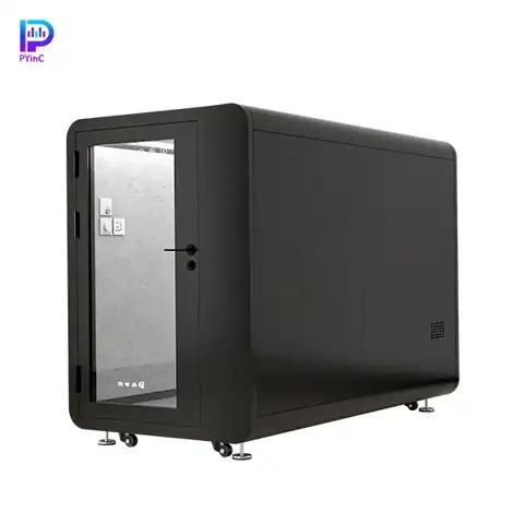 PYinC single soundproof sleep pod in black, featuring front glass panel and left-opening door.