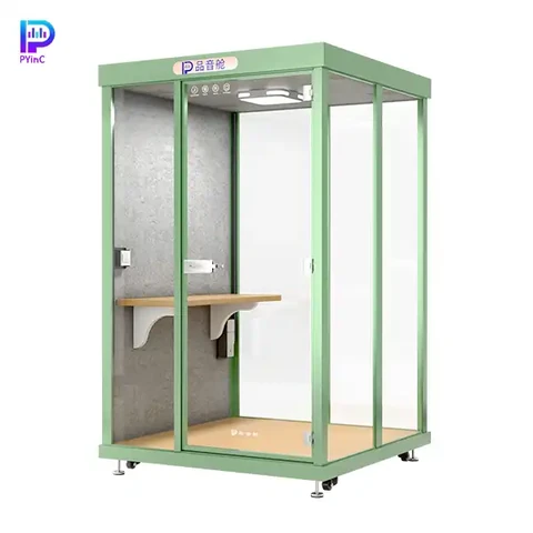 PYinC 1-2 person soundproof office pod in green, with a desk, three glass panels, and right-opening door.