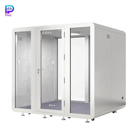PYinC 1-6 person soundproof pod in white, with front and rear glass panels and a right-opening door, displayed on a white background. Dimensions: 2300×2000×2200mm.