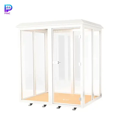 PYinC outdoor soundproof plant cultivation pod in white, featuring glass on all four sides and right-opening door.