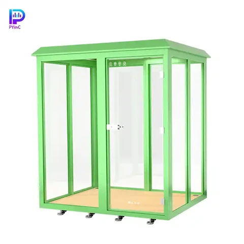 PYinC outdoor soundproof plant cultivation pod in green, featuring glass on all four sides and right-opening door.