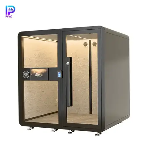 PYinC piano soundproof music pod in black, equipped with display screen, air conditioning, facial recognition lock, front glass panel, and right-opening door.