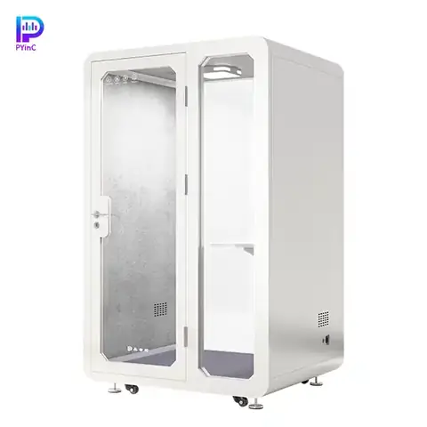 PYinC single-person soundproof pod in white, with front and rear glass panels and a right-opening door, displayed on a white background. Dimensions: 1400×1200×2300mm.