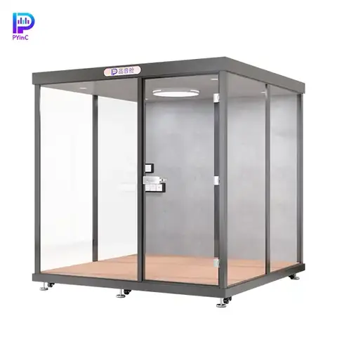PYinC 1-6 person soundproof meeting pod in black, featuring three glass panels and right-opening door.